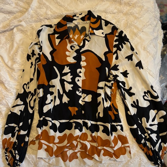 Zara Tops - Zara Women's Black, White, and Brown Button Down Shirt